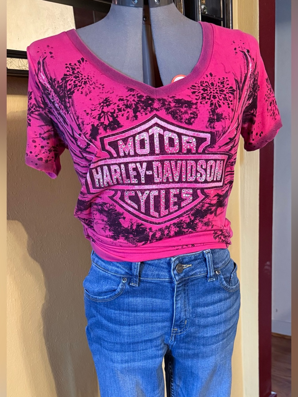 Harley Davidson Hot Pink V Neck T Shirt